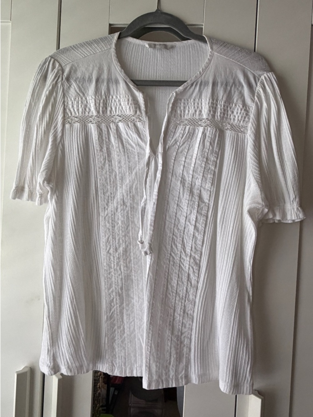 Lucky Brand White Pintuck & Lace Peasant Blouse